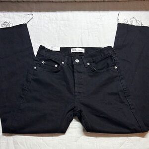 Zara 90's Rigid Cotton Button Fly Mid-Rise Straight Leg Raw Hem Black Jeans NWT